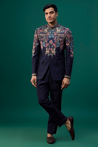 Navy Blue Raw Silk Resham Hand & Machine Embroidered Bandhgala Set by SAMMOHAN