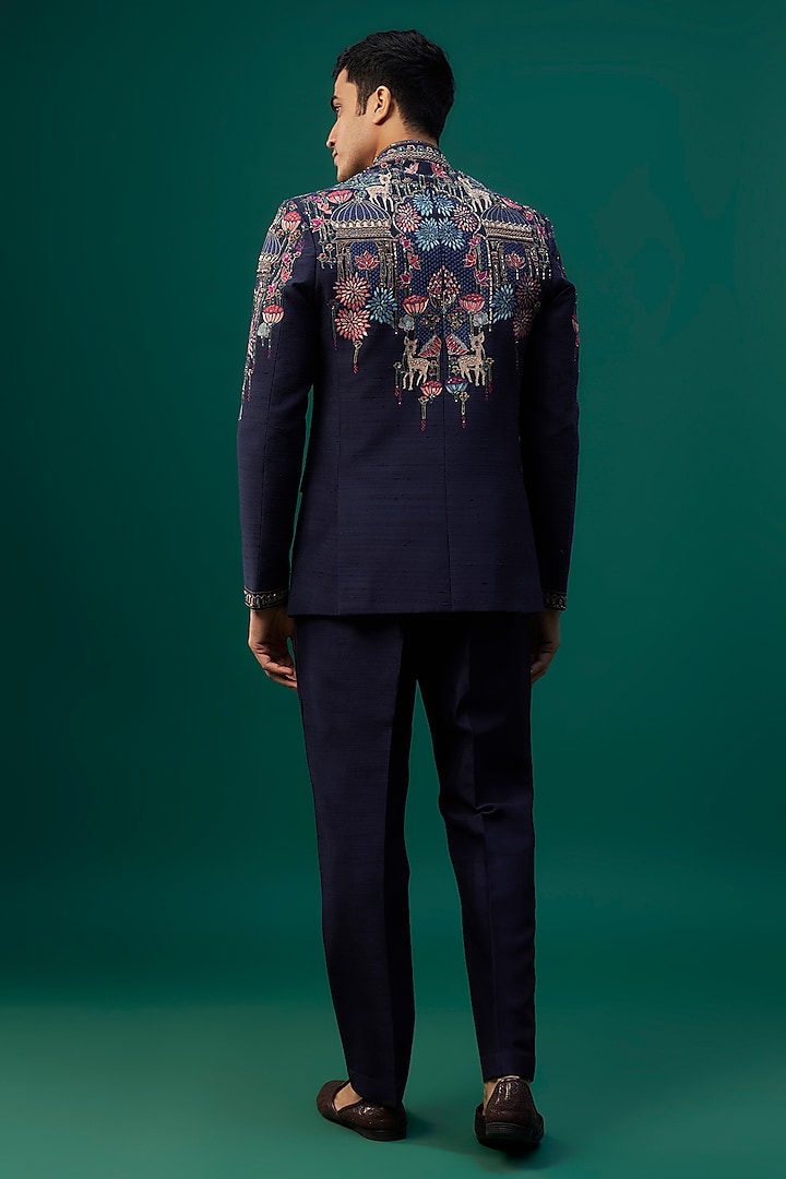 Navy Blue Raw Silk Resham Hand & Machine Embroidered Groom Bandhgala Set by SAMMOHAN at Pernia's Pop Up Shop