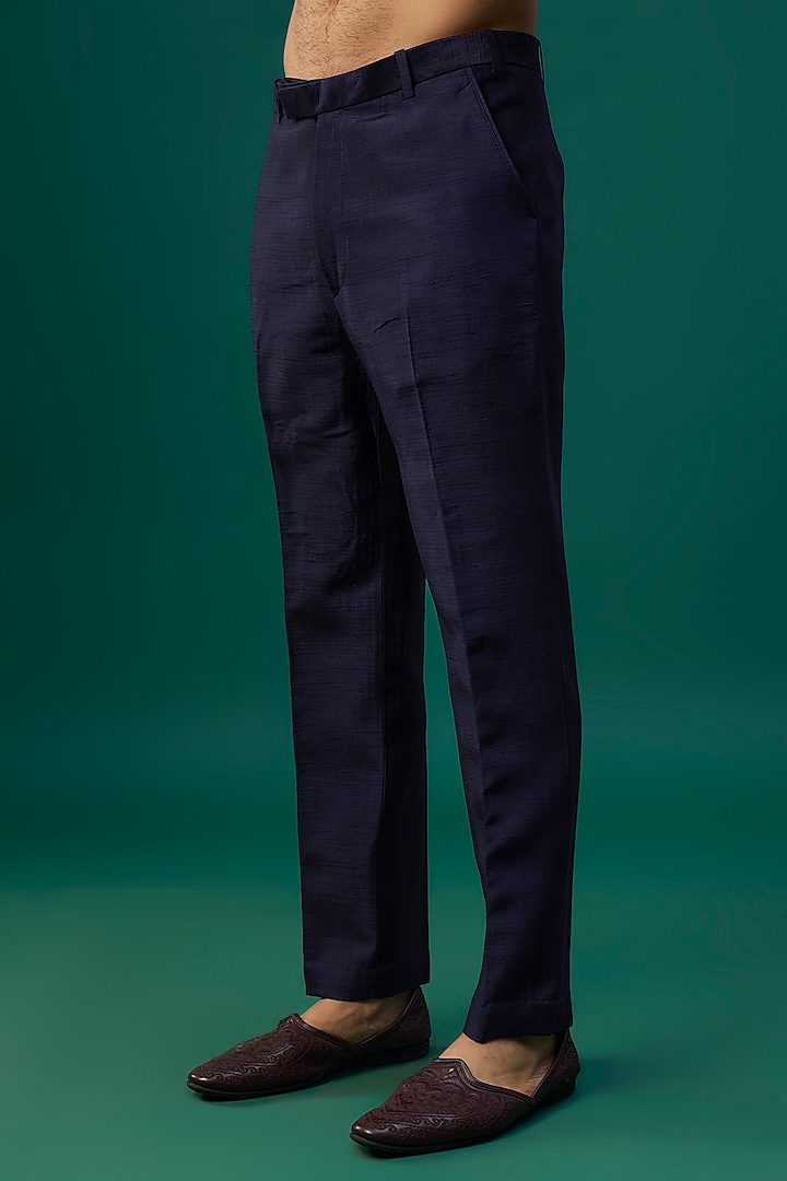 Navy Blue Raw Silk Resham Hand & Machine Embroidered Groom Bandhgala Set by SAMMOHAN at Pernia's Pop Up Shop