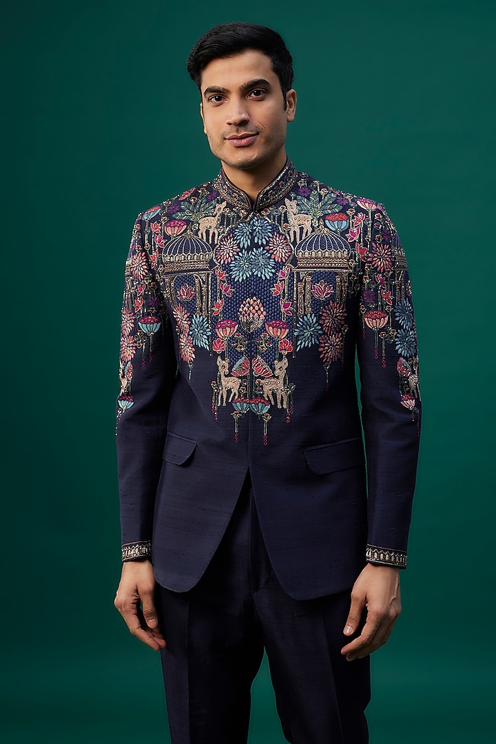 Navy Blue Raw Silk Resham Hand & Machine Embroidered Groom Bandhgala Set by SAMMOHAN at Pernia's Pop Up Shop