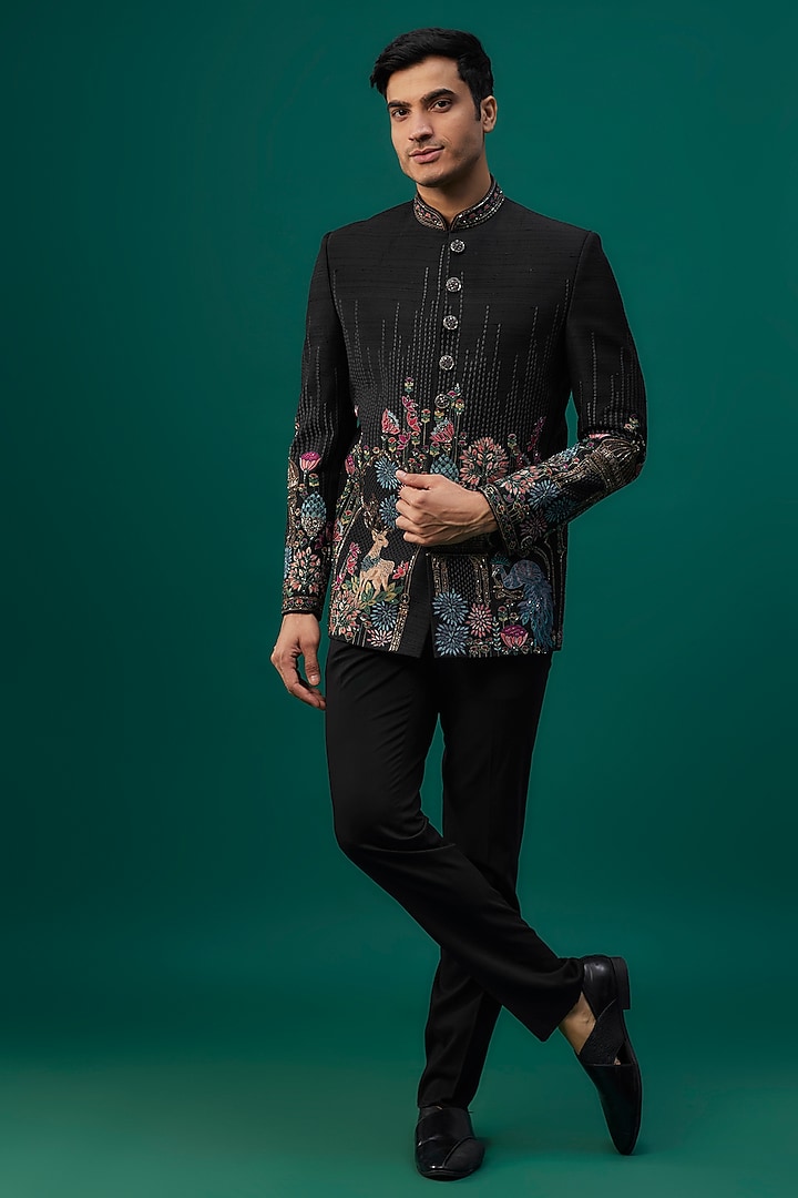 Black Raw Silk Resham Hand & Machine Embroidered Bandhgala Set by SAMMOHAN