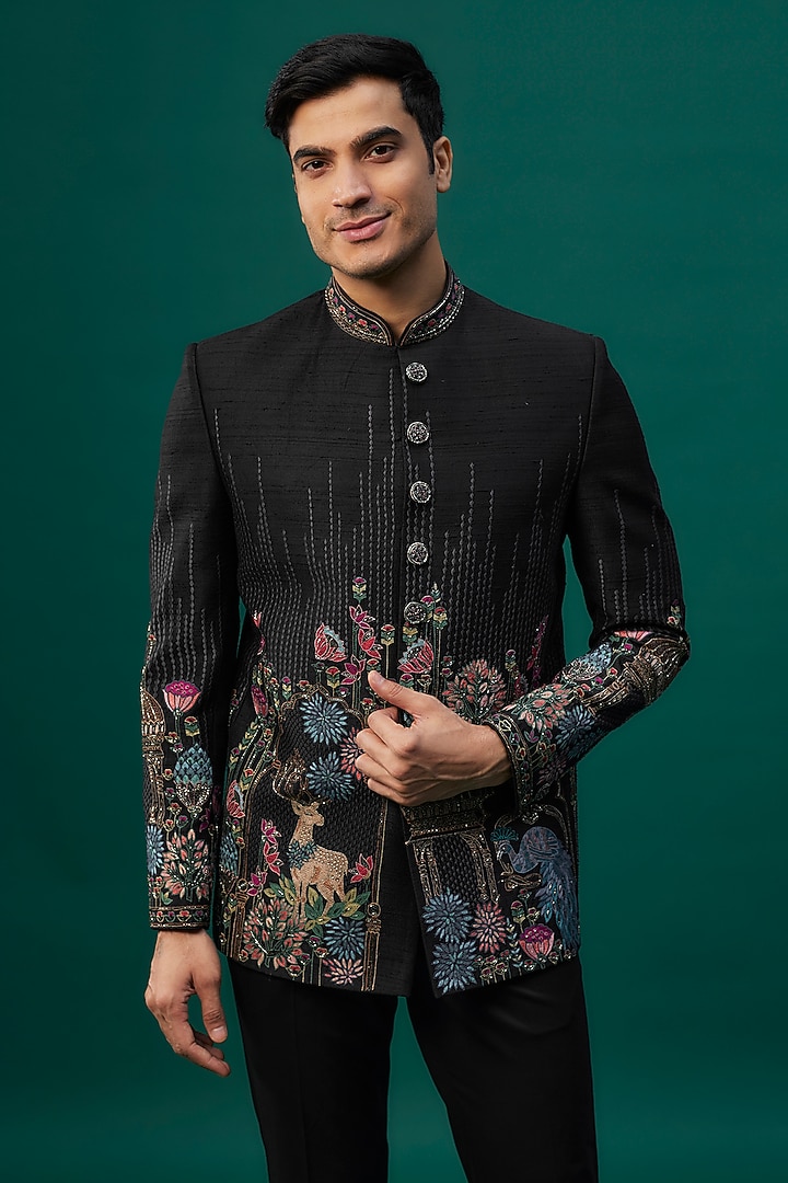 Black Raw Silk Resham Hand & Machine Embroidered Groom Bandhgala Set by SAMMOHAN at Pernia's Pop Up Shop