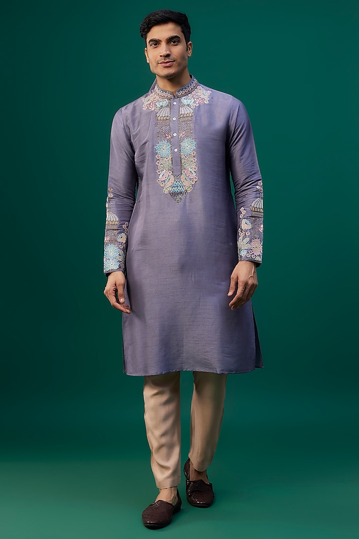 Grey Tussar Resham Hand & Machine Embroidered Kurta Set by SAMMOHAN