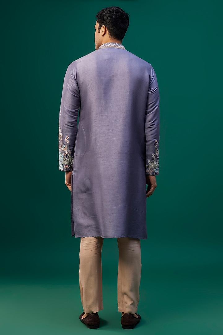 Grey Tussar Resham Hand & Machine Embroidered Kurta Set by SAMMOHAN at Pernia's Pop Up Shop