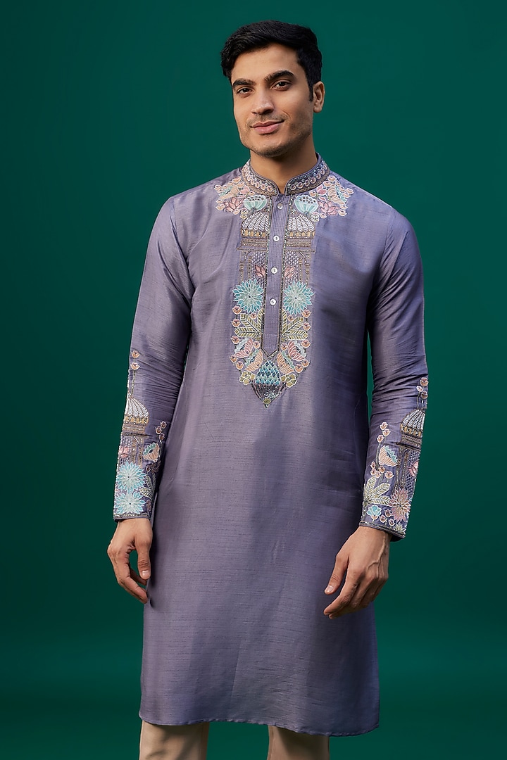 Grey Tussar Resham Hand & Machine Embroidered Kurta Set by SAMMOHAN at Pernia's Pop Up Shop