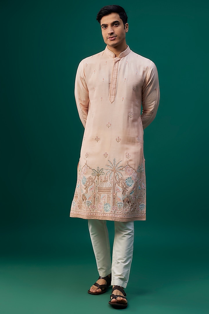 Peach Tussar Resham Hand & Machine Embroidered Kurta Set by SAMMOHAN at Pernia's Pop Up Shop