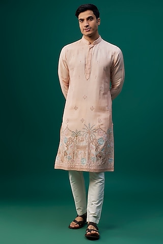 Peach Tussar Resham Hand & Machine Embroidered Kurta Set by SAMMOHAN