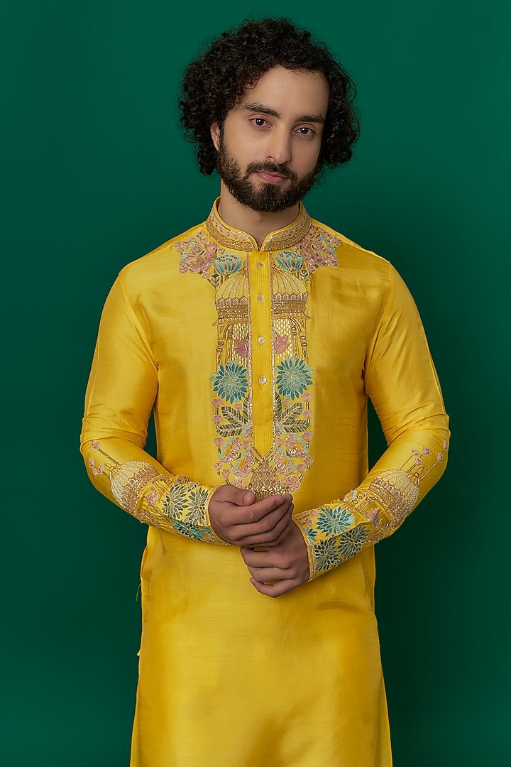 Yellow Tussar Resham Hand & Machine Embroidered Kurta Set by SAMMOHAN at Pernia's Pop Up Shop