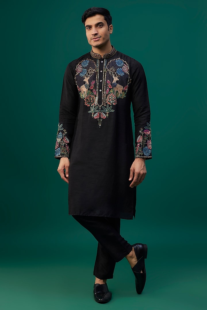 Black Tussar Resham Hand & Machine Embroidered Kurta Set by SAMMOHAN at Pernia's Pop Up Shop
