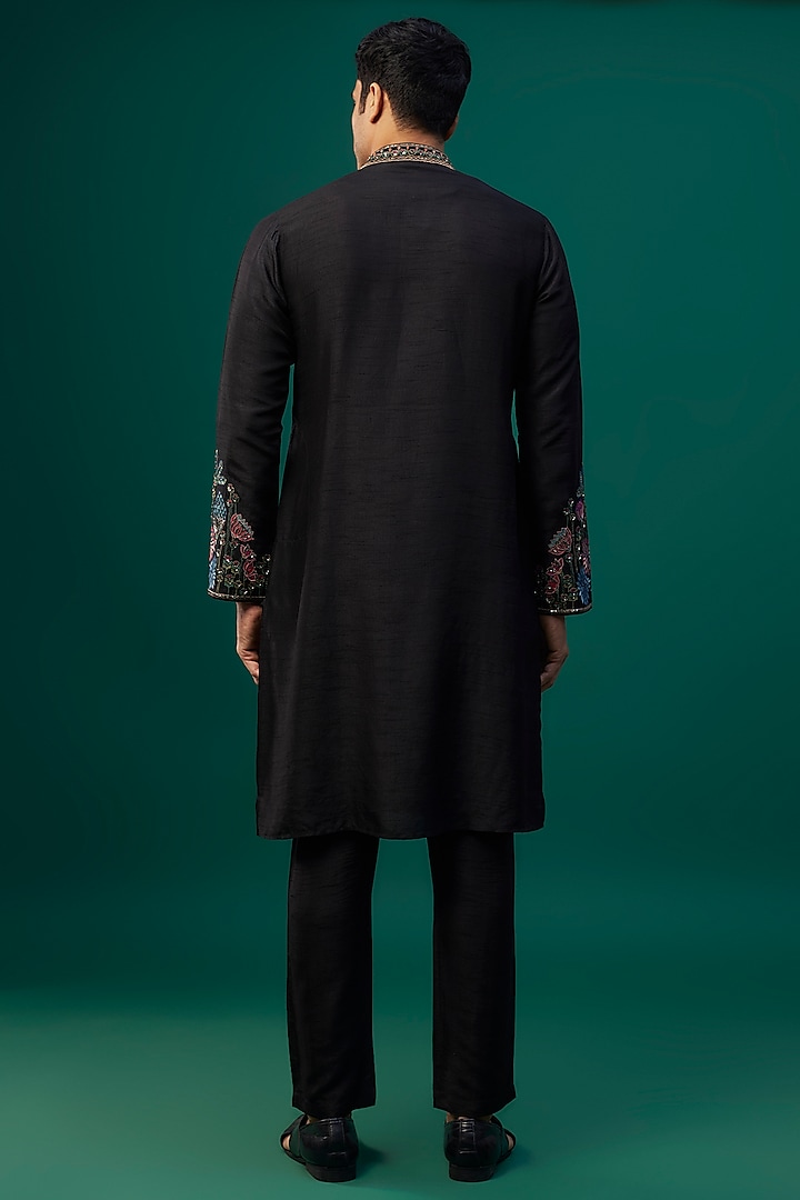 Black Tussar Resham Hand & Machine Embroidered Kurta Set by SAMMOHAN at Pernia's Pop Up Shop