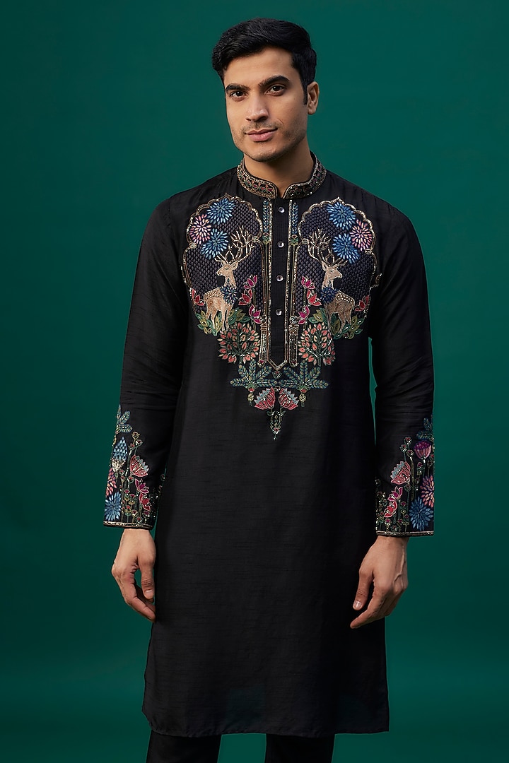 Black Tussar Resham Hand & Machine Embroidered Kurta Set by SAMMOHAN at Pernia's Pop Up Shop
