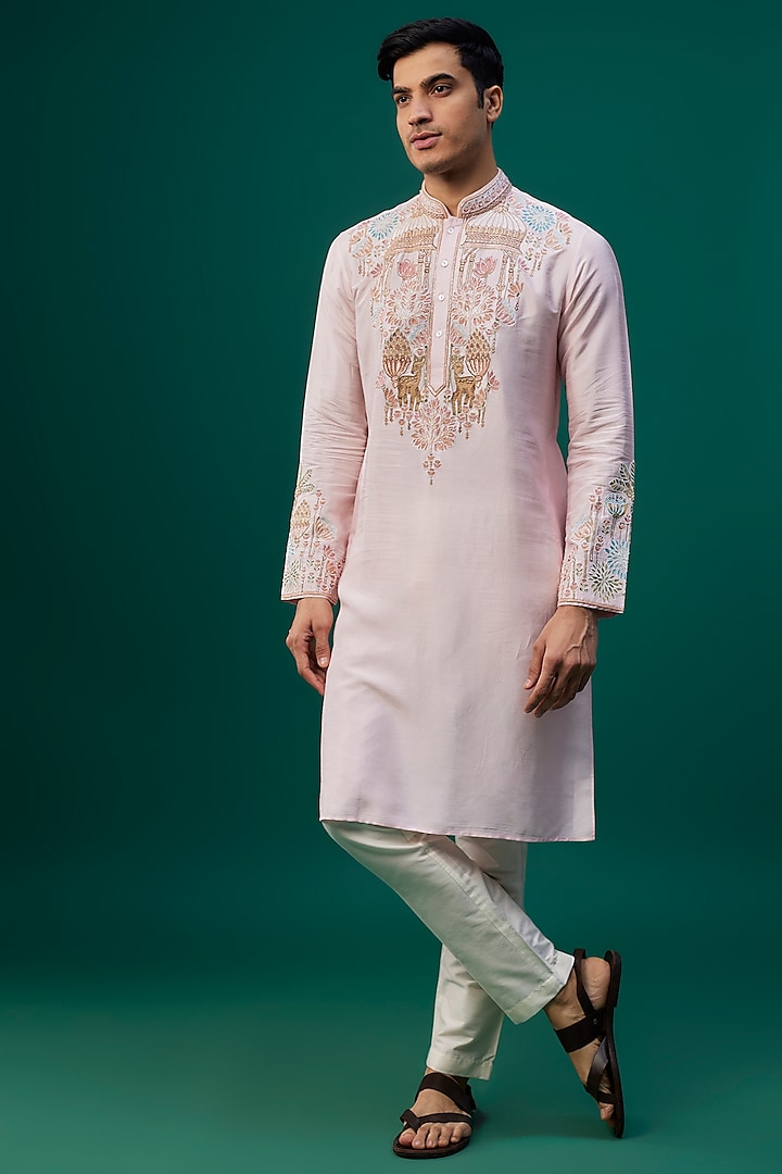 Baby Pink Tussar Resham Hand & Machine Embroidered Kurta Set by SAMMOHAN