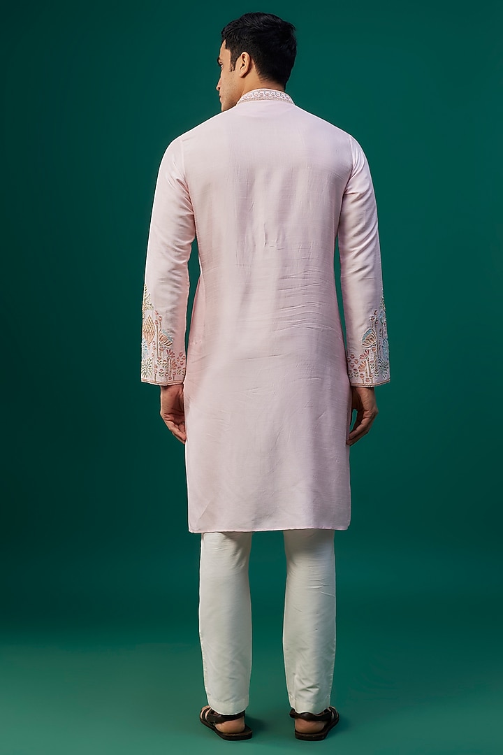 Baby Pink Tussar Resham Hand & Machine Embroidered Kurta Set by SAMMOHAN at Pernia's Pop Up Shop