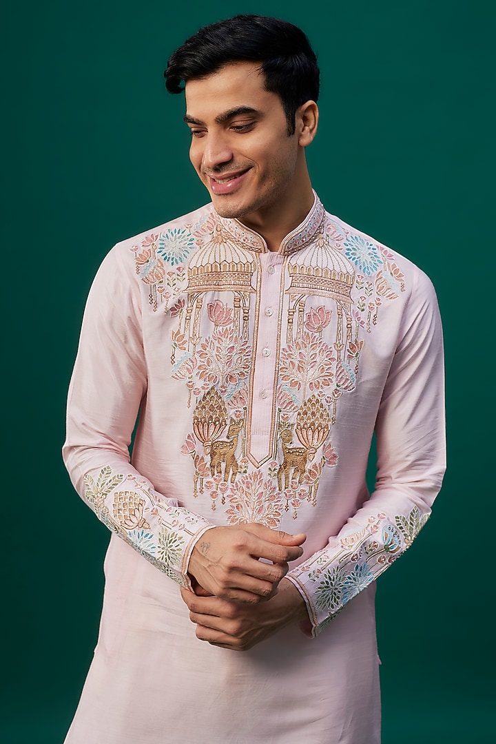 Baby Pink Tussar Resham Hand & Machine Embroidered Kurta Set by SAMMOHAN at Pernia's Pop Up Shop
