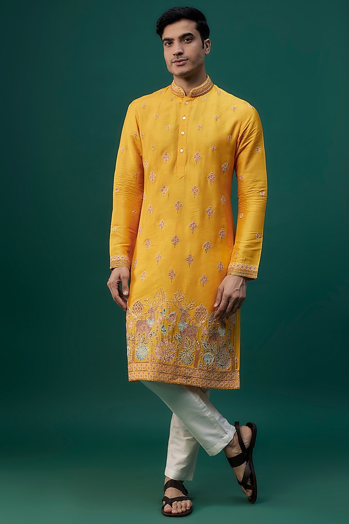 Yellow Tussar Resham Hand & Machine Embroidered Kurta Set by SAMMOHAN at Pernia's Pop Up Shop