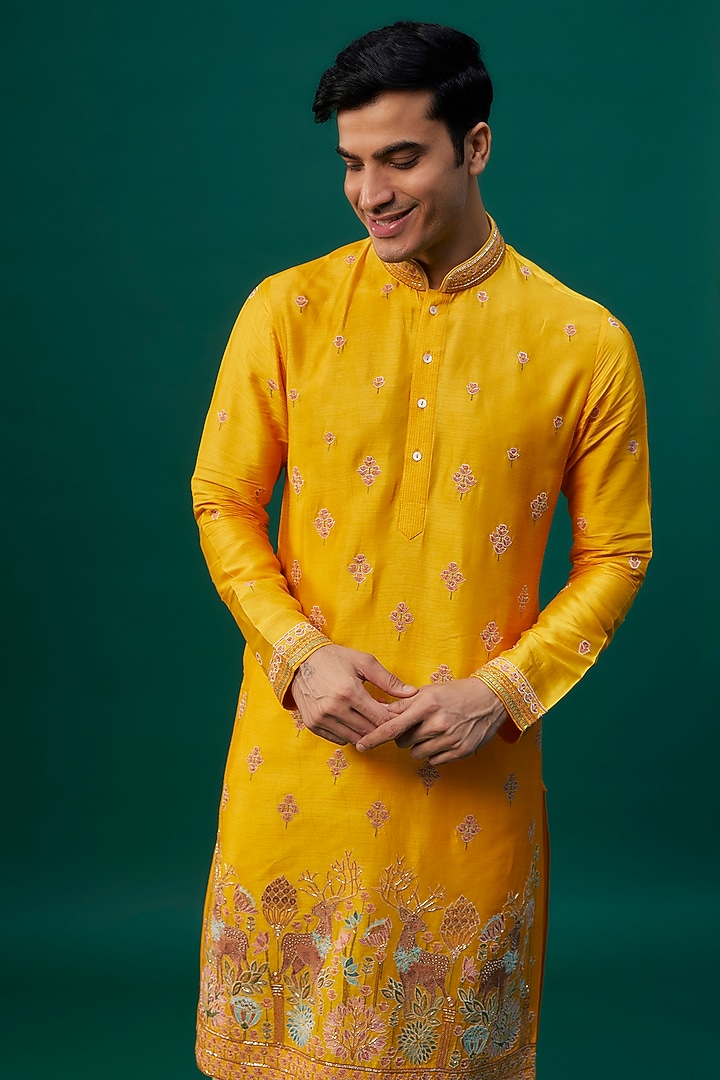 Yellow Tussar Resham Hand & Machine Embroidered Kurta Set by SAMMOHAN at Pernia's Pop Up Shop