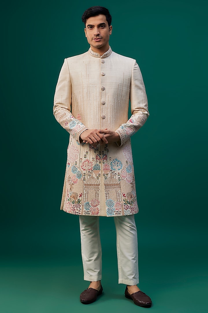 Beige Raw Silk Resham Hand & Machine Embroidered Sherwani Set by SAMMOHAN