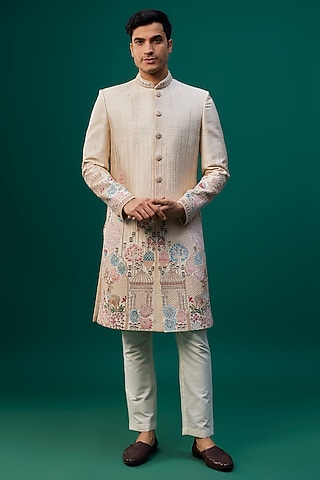 Beige Raw Silk Resham Hand & Machine Embroidered Sherwani Set by SAMMOHAN