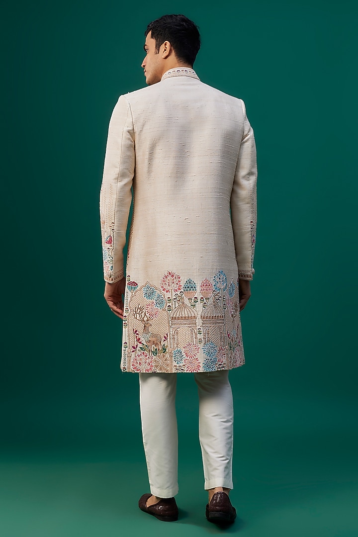 Beige Raw Silk Resham Hand & Machine Embroidered Groom Sherwani Set by SAMMOHAN at Pernia's Pop Up Shop