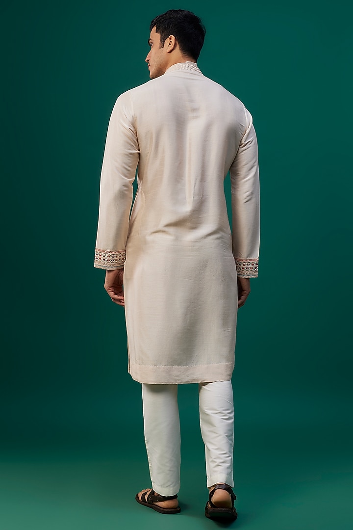 Beige Tussar Resham Hand & Machine Embroidered Kurta Set by SAMMOHAN at Pernia's Pop Up Shop