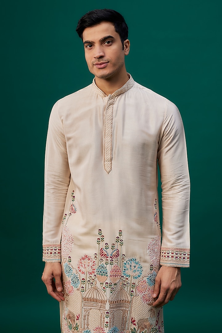Beige Tussar Resham Hand & Machine Embroidered Kurta Set by SAMMOHAN at Pernia's Pop Up Shop