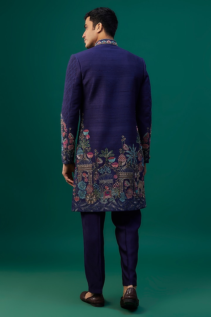 Navy Blue Raw Silk Resham Hand & Machine Embroidered Groom Indowestern Set by SAMMOHAN at Pernia's Pop Up Shop