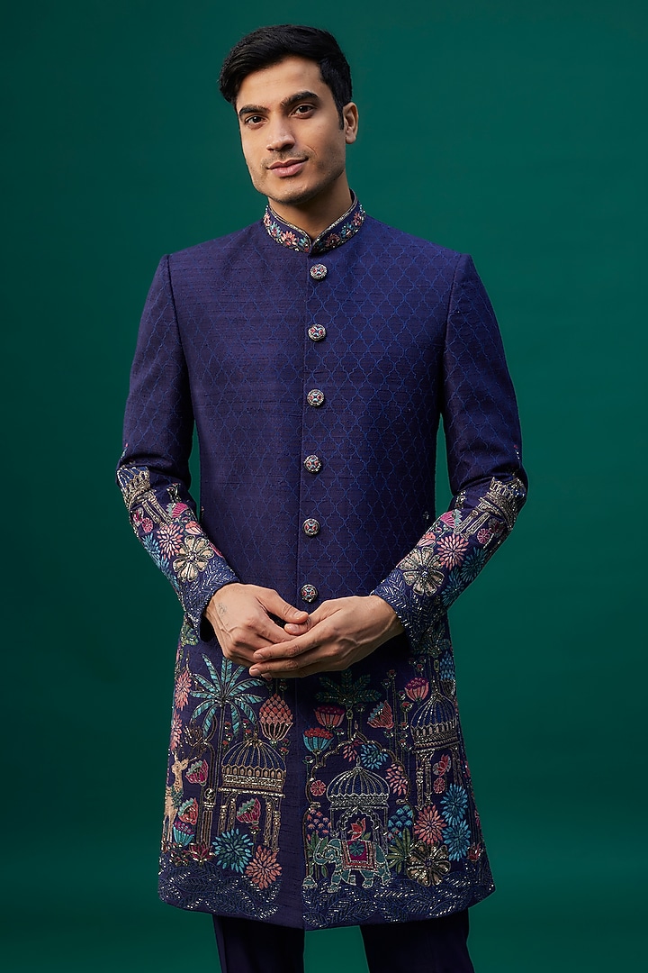 Navy Blue Raw Silk Resham Hand & Machine Embroidered Groom Indowestern Set by SAMMOHAN at Pernia's Pop Up Shop