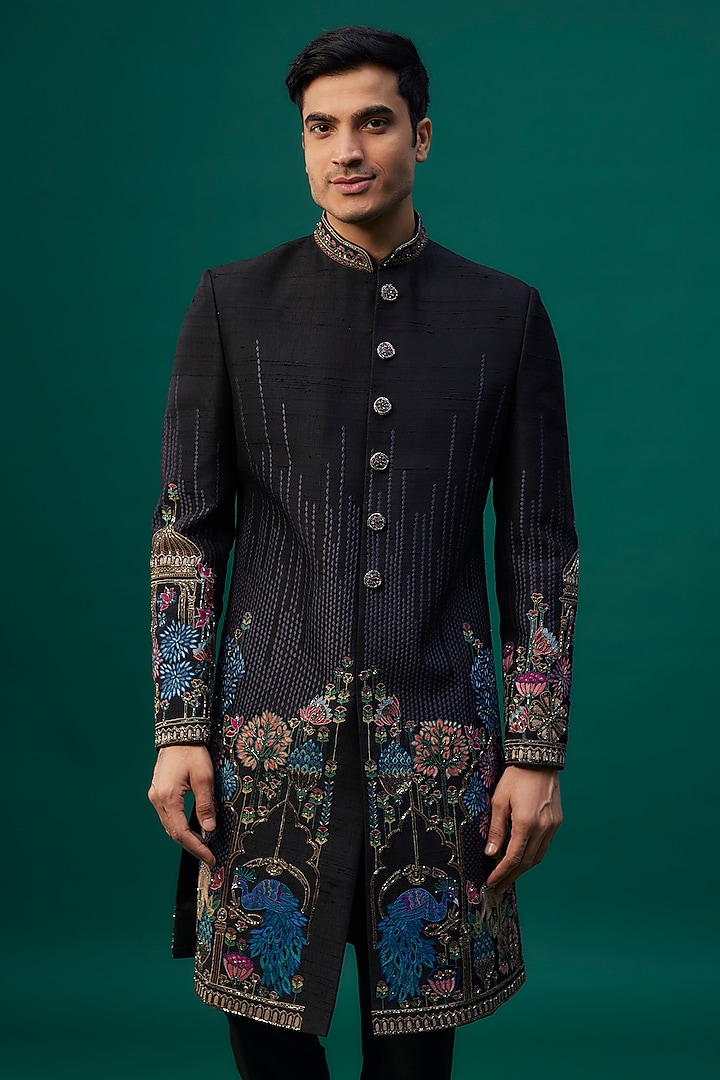 Black Raw Silk Resham Hand & Machine Embroidered Groom Indowestern Set by SAMMOHAN at Pernia's Pop Up Shop