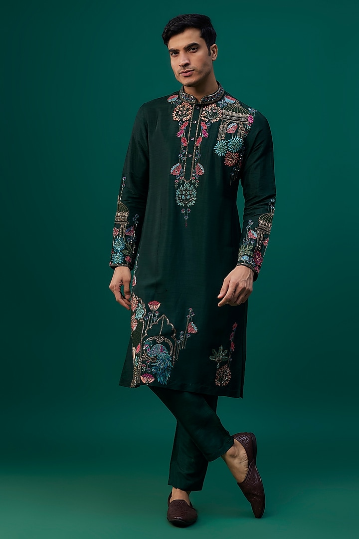 Emerald Green Tussar Resham Hand & Machine Embroidered Kurta Set by SAMMOHAN