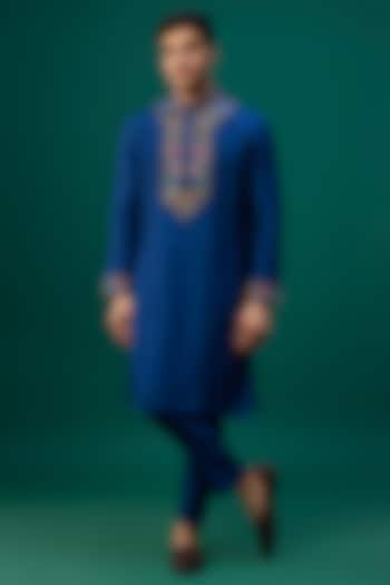 Indigo Tussar Resham Hand & Machine Embroidered Kurta Set by SAMMOHAN