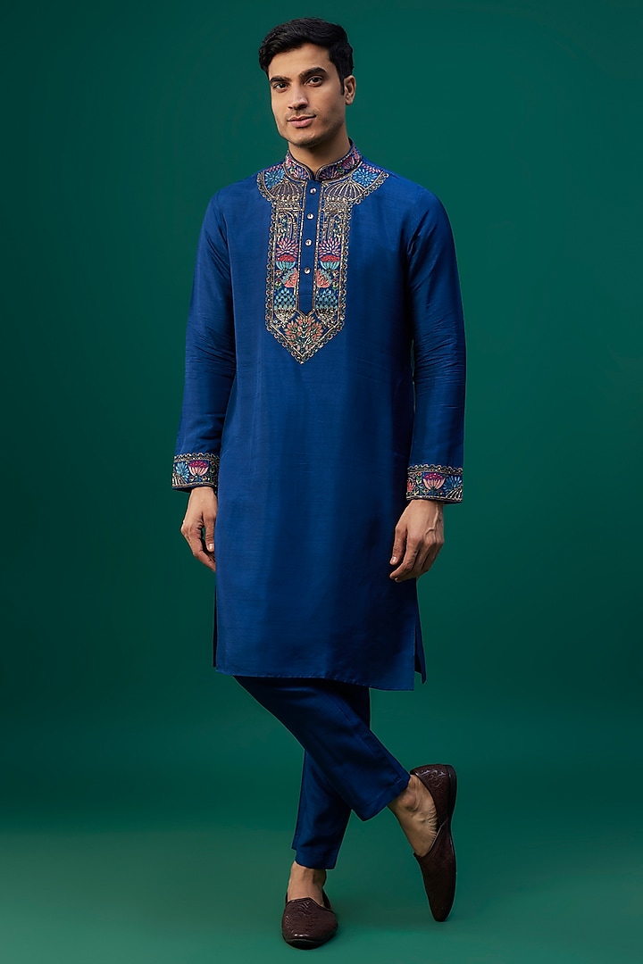 Indigo Tussar Resham Hand & Machine Embroidered Kurta Set by SAMMOHAN