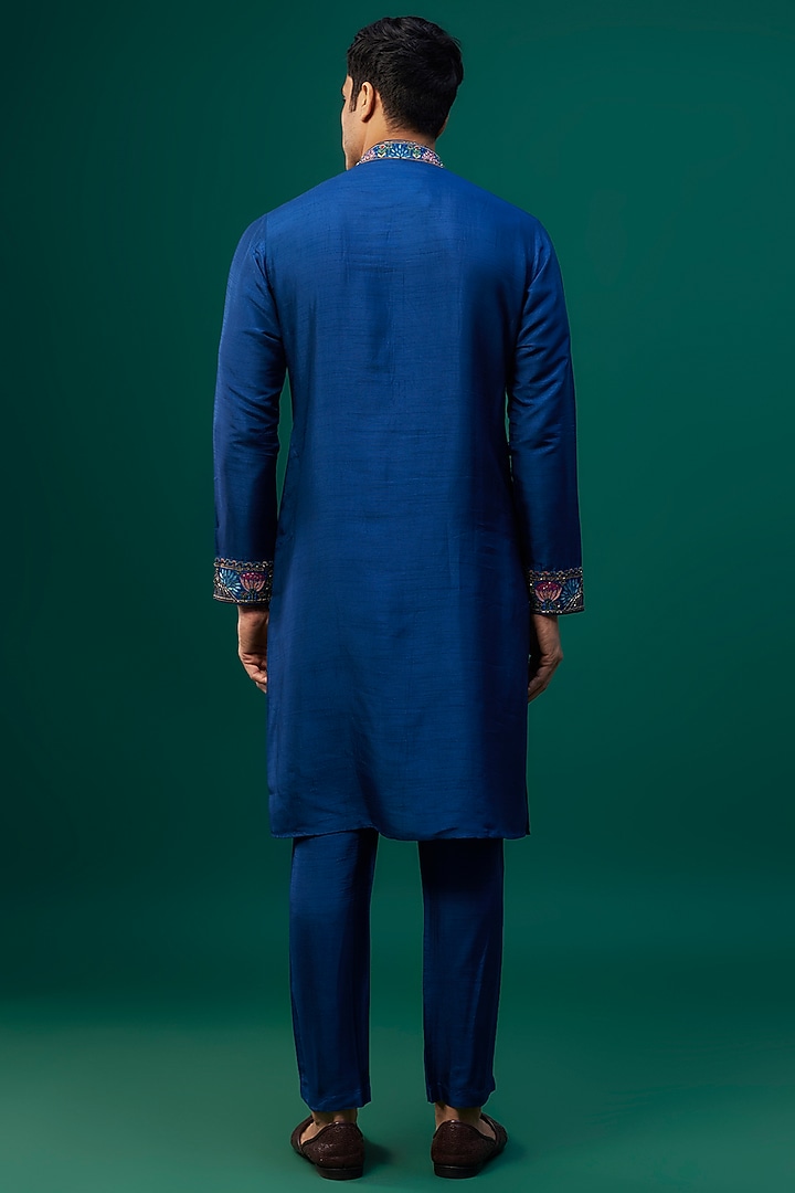 Indigo Tussar Resham Hand & Machine Embroidered Kurta Set by SAMMOHAN at Pernia's Pop Up Shop