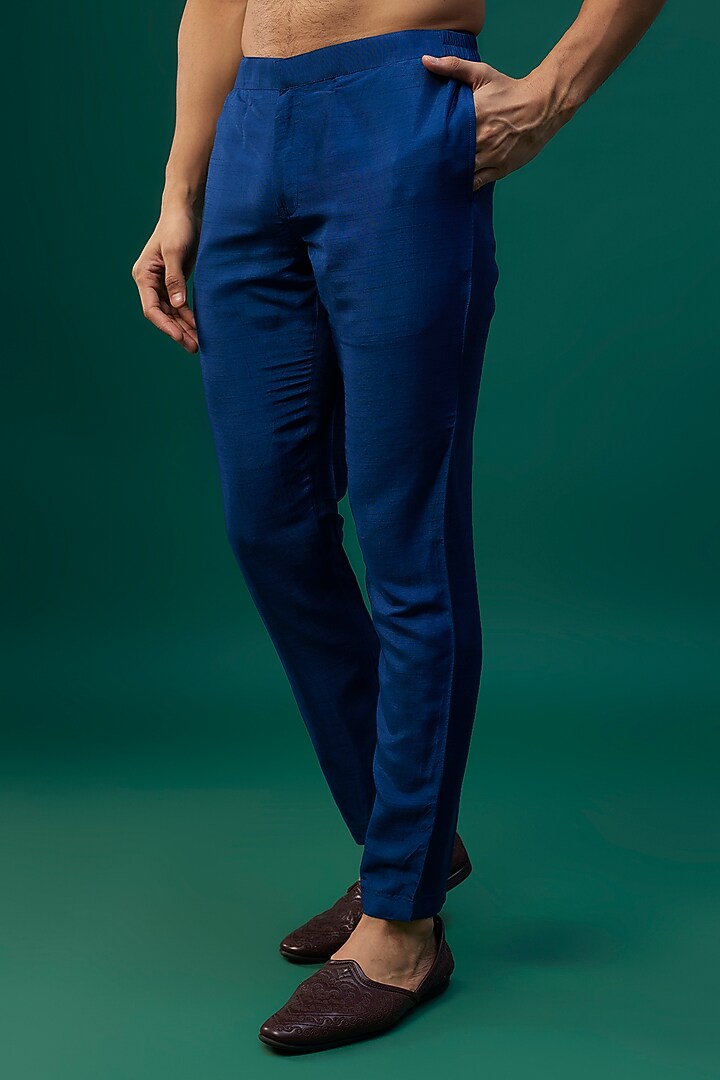 Indigo Tussar Resham Hand & Machine Embroidered Kurta Set by SAMMOHAN at Pernia's Pop Up Shop