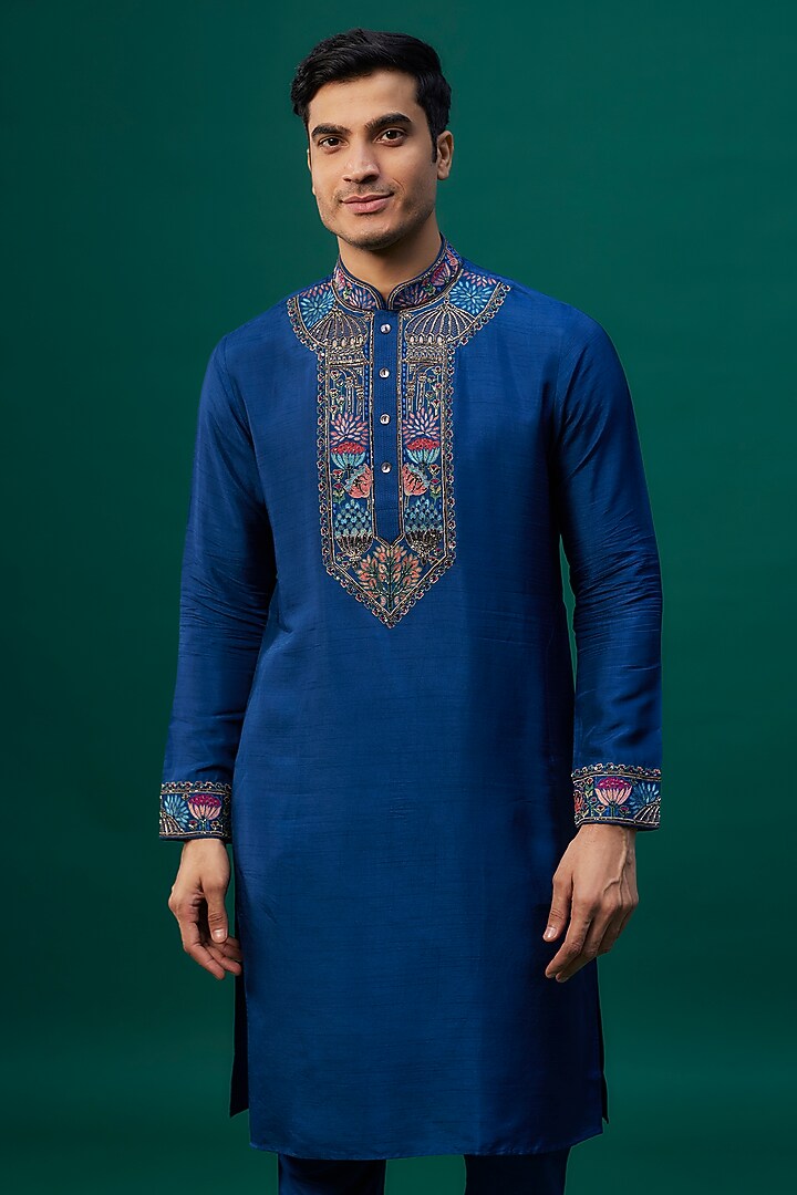 Indigo Tussar Resham Hand & Machine Embroidered Kurta Set by SAMMOHAN at Pernia's Pop Up Shop