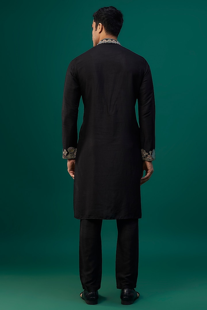 Black Tussar Resham Hand & Machine Embroidered Kurta Set by SAMMOHAN at Pernia's Pop Up Shop