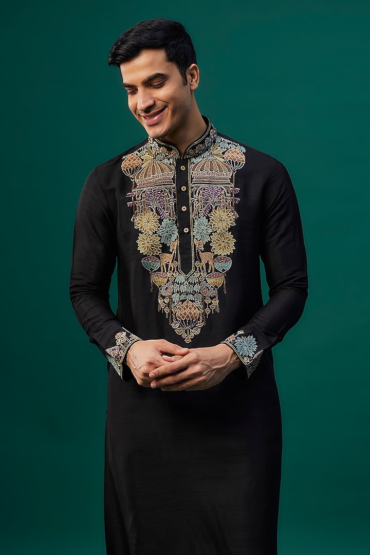 Black Tussar Resham Hand & Machine Embroidered Kurta Set by SAMMOHAN at Pernia's Pop Up Shop