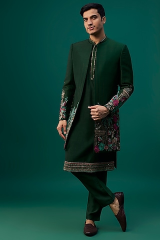 Emerald Green Raw Silk Resham Hand & Machine Embroidered Indowestern Set by SAMMOHAN