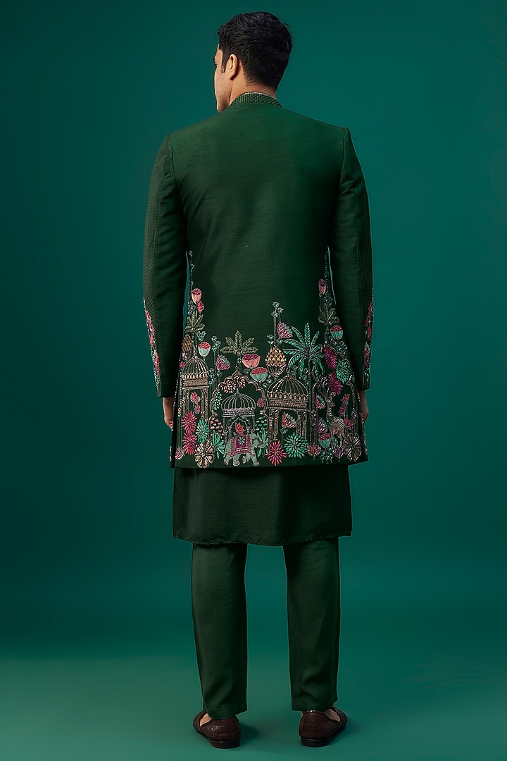 Emerald Green Raw Silk Resham Hand & Machine Embroidered Groom Indowestern Set by SAMMOHAN at Pernia's Pop Up Shop
