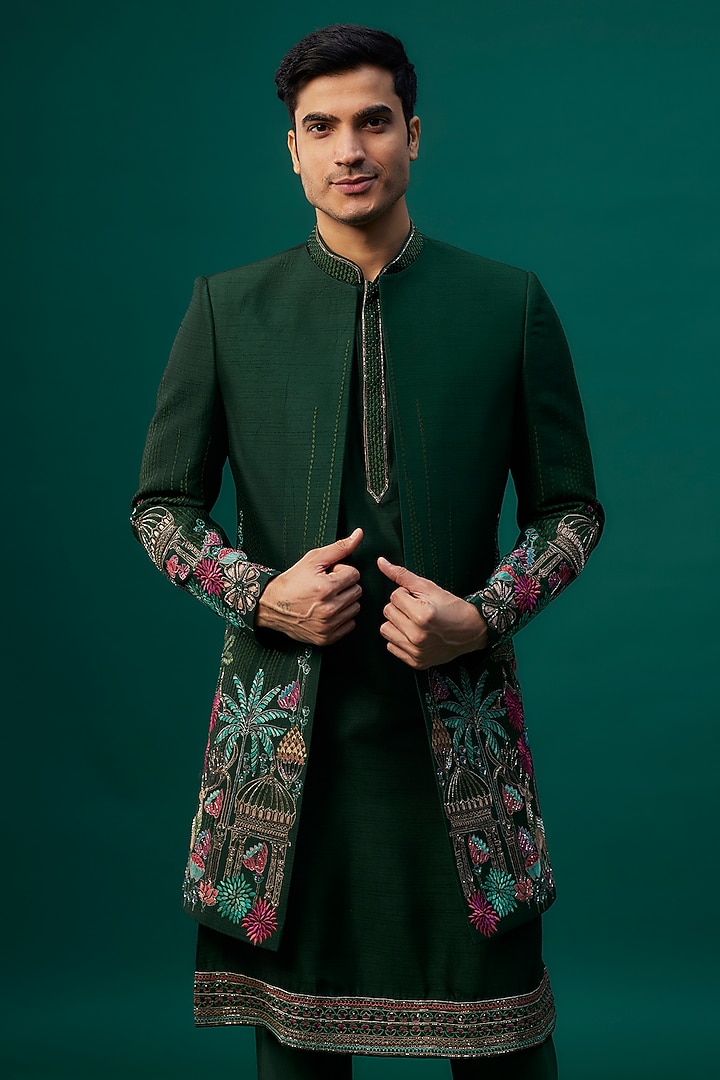 Emerald Green Raw Silk Resham Hand & Machine Embroidered Groom Indowestern Set by SAMMOHAN at Pernia's Pop Up Shop