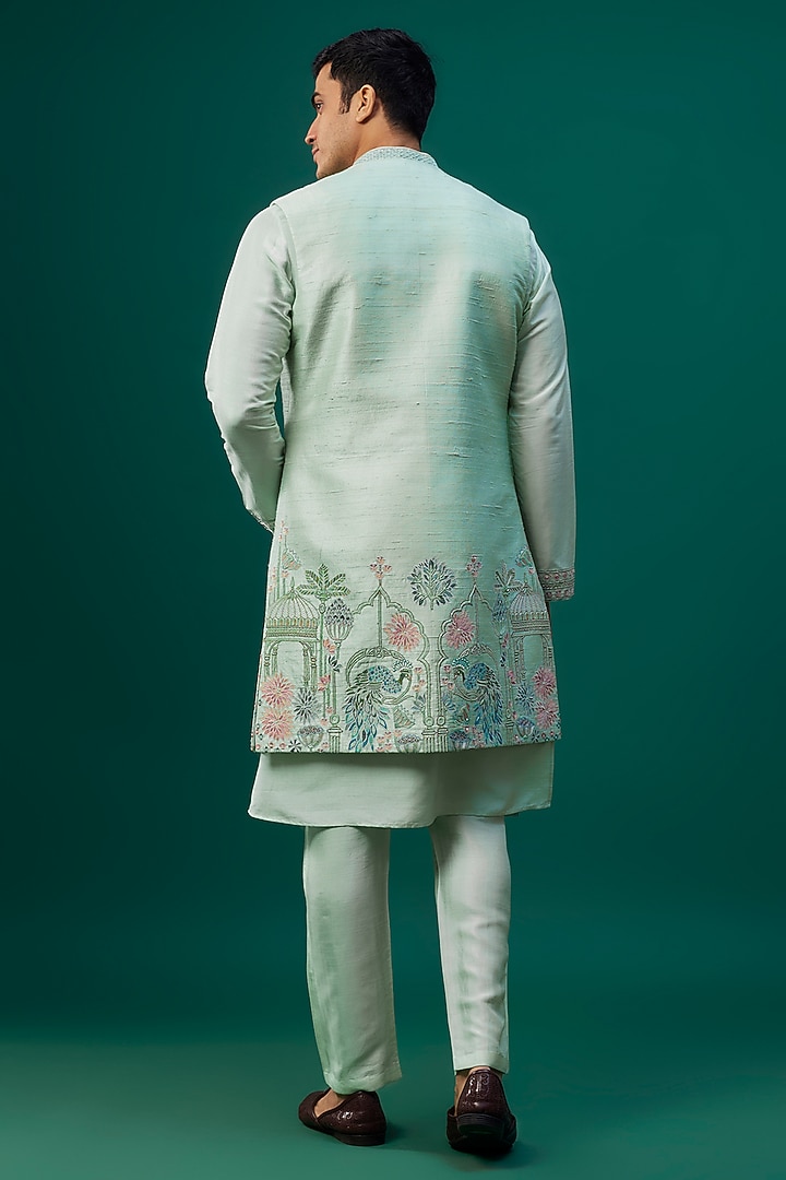 Mint Raw Silk Resham Hand & Machine Embroidered Wedding Indowestern Set by SAMMOHAN at Pernia's Pop Up Shop