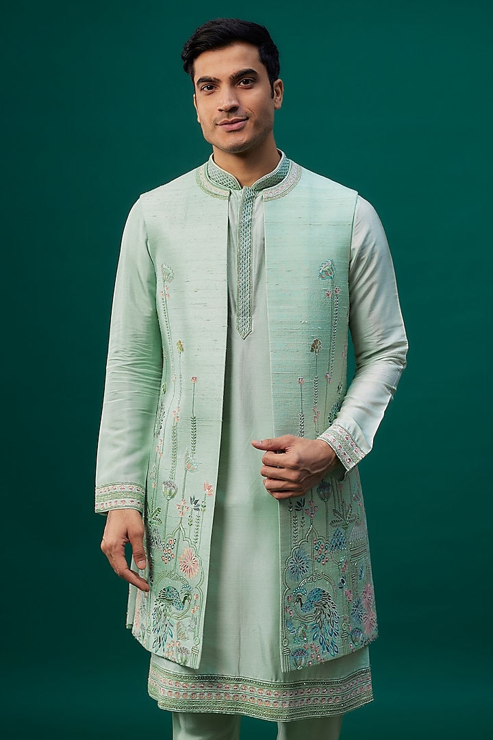 Mint Raw Silk Resham Hand & Machine Embroidered Wedding Indowestern Set by SAMMOHAN at Pernia's Pop Up Shop