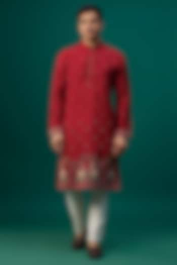 Red Tussar Resham Hand & Machine Embroidered Kurta Set by SAMMOHAN