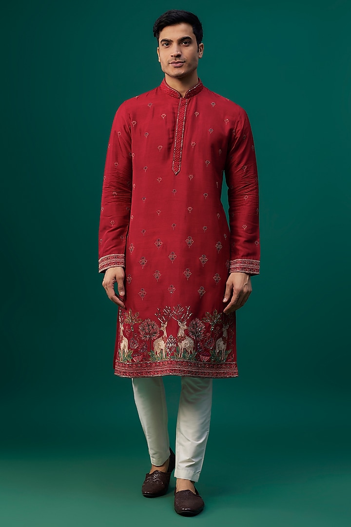 Red Tussar Resham Hand & Machine Embroidered Kurta Set by SAMMOHAN