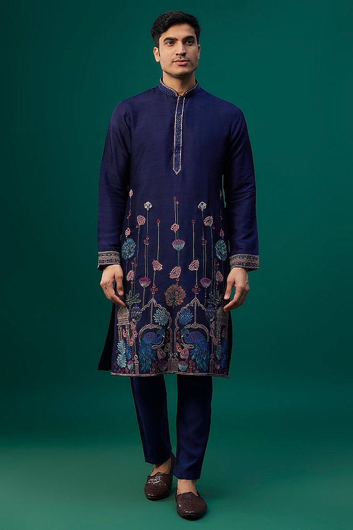 Navy Blue Tussar Resham Hand & Machine Embroidered Kurta Set by SAMMOHAN