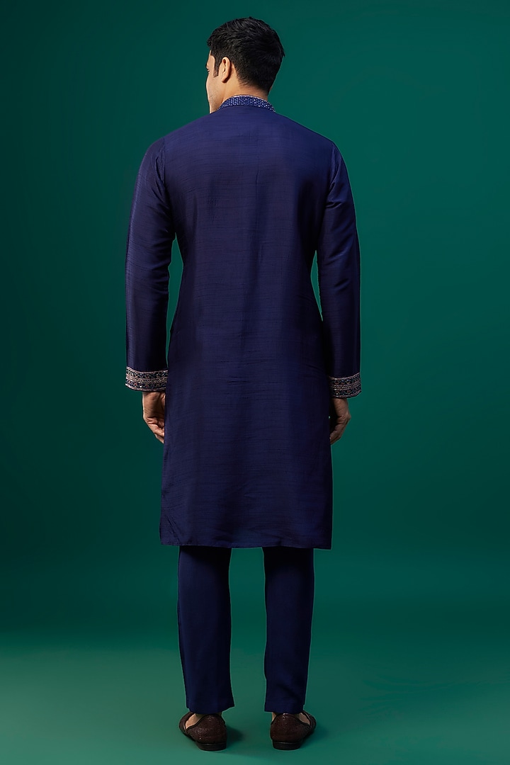 Navy Blue Tussar Resham Hand & Machine Embroidered Kurta Set by SAMMOHAN at Pernia's Pop Up Shop