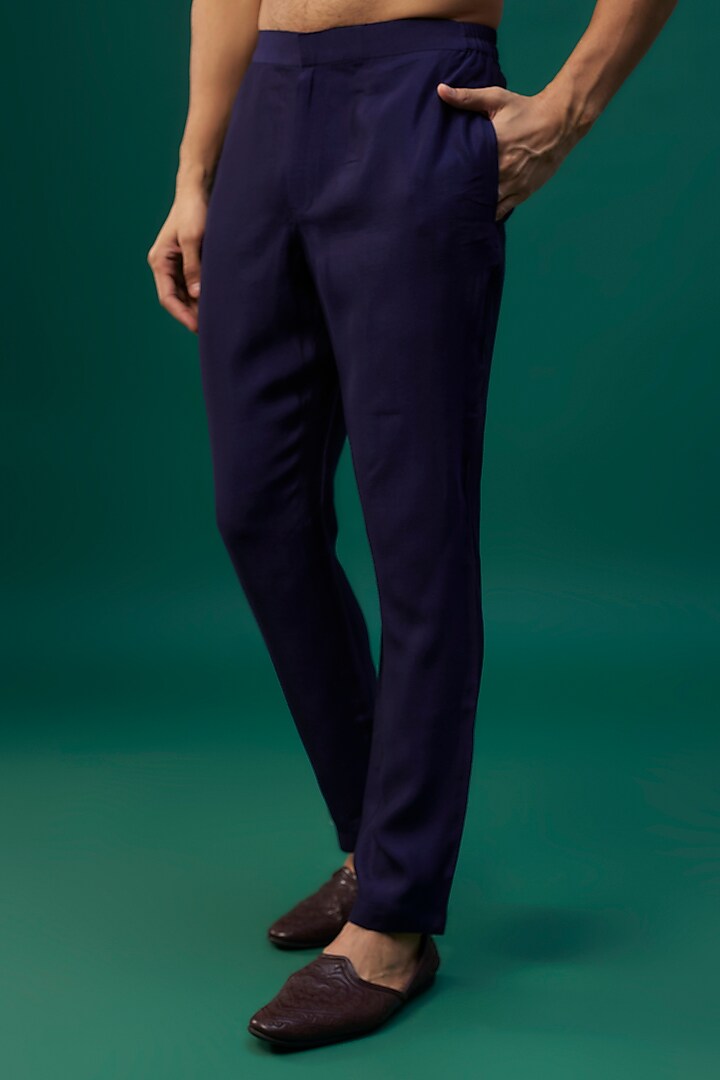 Navy Blue Tussar Resham Hand & Machine Embroidered Kurta Set by SAMMOHAN at Pernia's Pop Up Shop