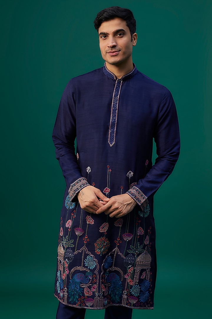 Navy Blue Tussar Resham Hand & Machine Embroidered Kurta Set by SAMMOHAN at Pernia's Pop Up Shop
