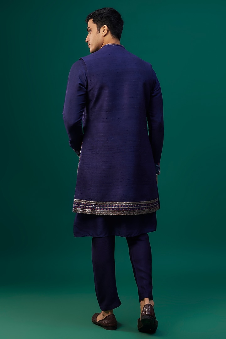 Navy Blue Raw Silk Resham Hand & Machine Embroidered Wedding Indowestern Set by SAMMOHAN at Pernia's Pop Up Shop