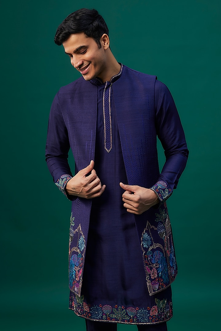 Navy Blue Raw Silk Resham Hand & Machine Embroidered Wedding Indowestern Set by SAMMOHAN at Pernia's Pop Up Shop