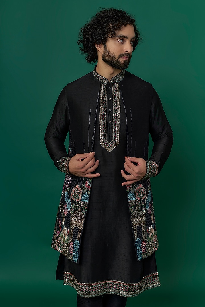 Black Raw Silk Resham Hand & Machine Embroidered Indowestern Set by SAMMOHAN at Pernia's Pop Up Shop